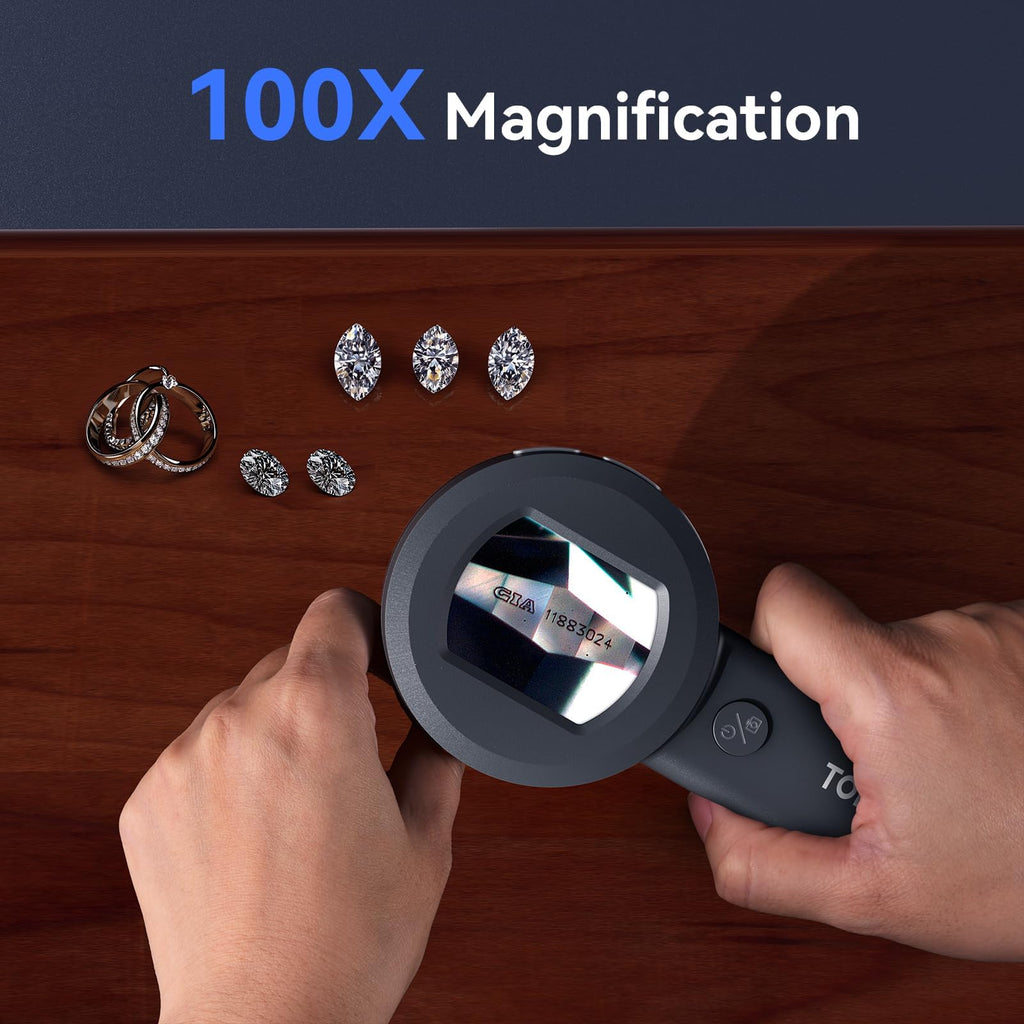 TOMLOV P10 Microscope for Adults Kids, Portable 100X Illuminated Jewelers Loupe, Handheld Coin Magnifier with Light for Collectors, Pocket Trichome Magnifying Glass, Digital Microscope with 2" Screen