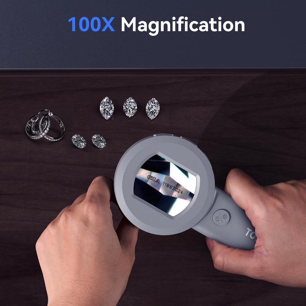TOMLOV P10 Microscope for Adults Kids, Portable 100X Illuminated Jewelers Loupe, Handheld Coin Magnifier with Light for Collectors, Pocket Trichome Magnifying Glass, Digital Microscope with 2" Screen