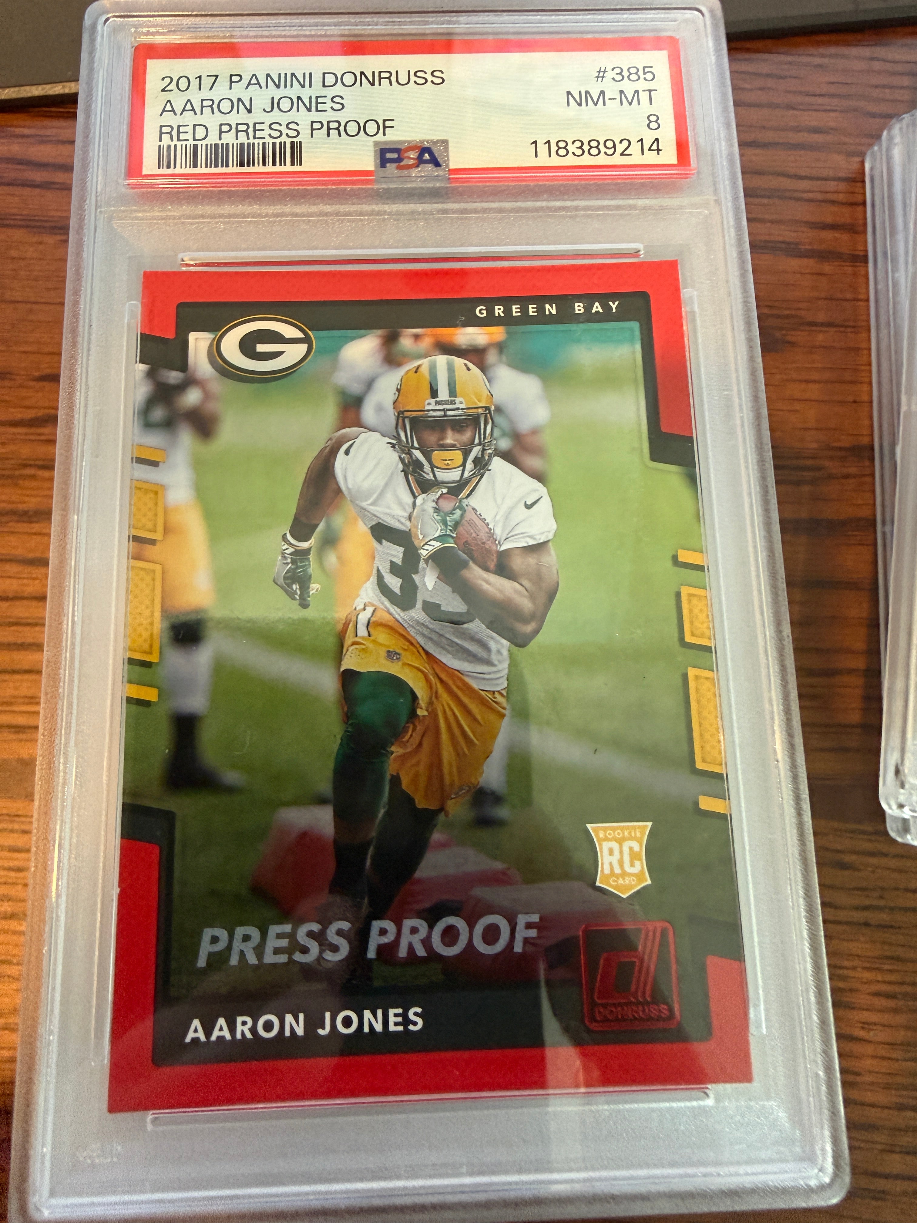 Aaron Jones 2017 Donruss card ##385. Graded NM-MT 8 by PSA.